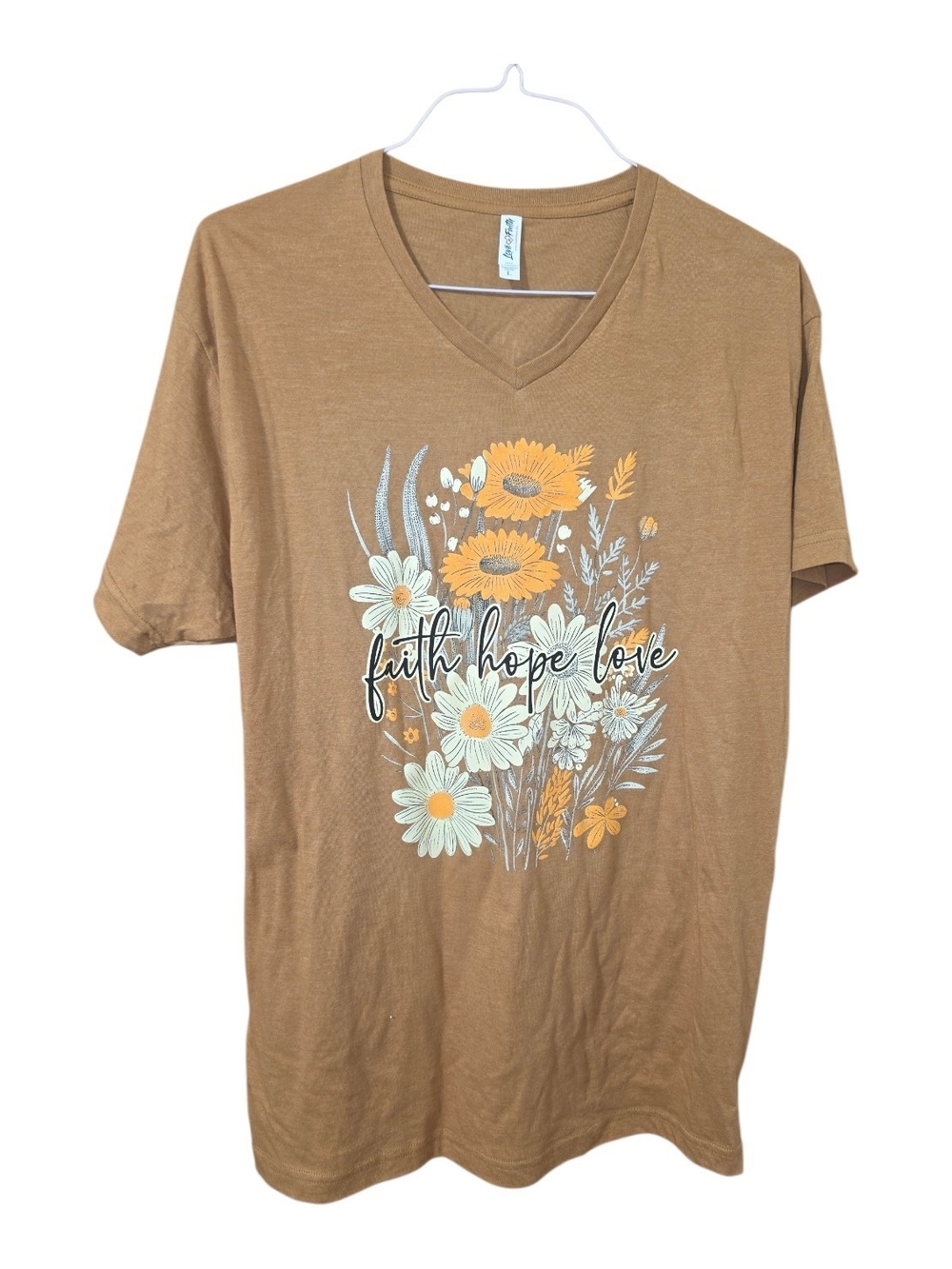 Love in Faith “Faith Hope Love” Floral Graphic V-Neck T-Shirt Size L